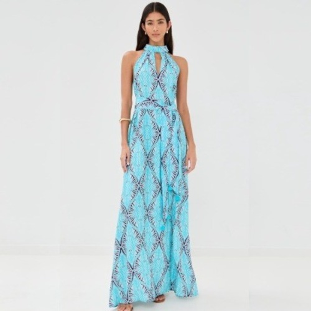 NWT Figue‎ Yvette Maxi Dress Turquoise Plum Geometric Halter Tassel Size Medium